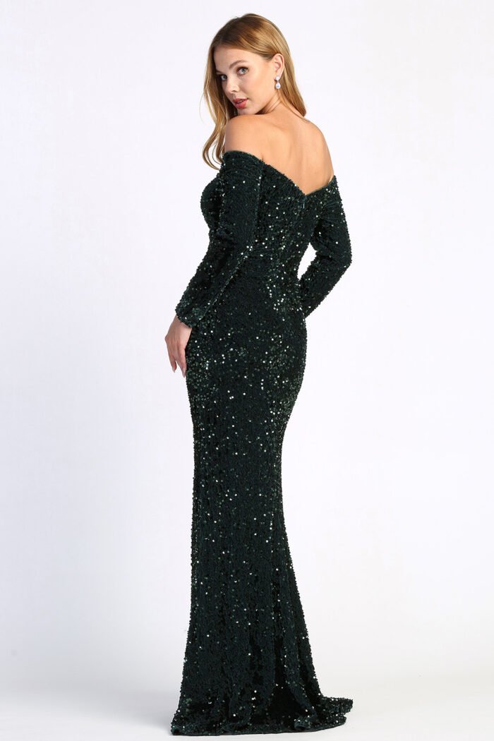 SEQUIN LONG SLEEVE OFF SHOULDER GOWN - Image 3