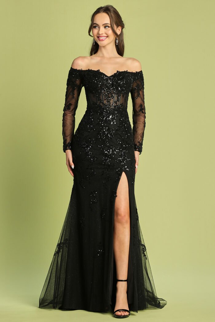 CORSET GOWN WITH LONG SLEEVES AND OFF-SHOULDER
