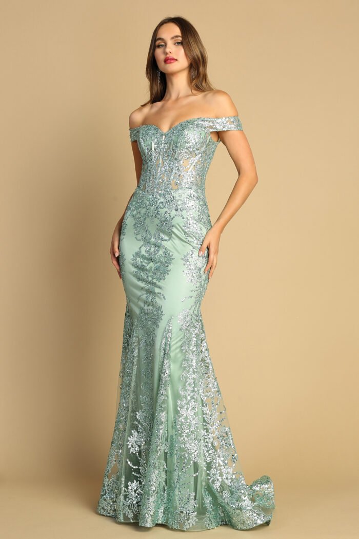 GLITTER PRINT OFF SHOULDER MERMAID DRESS - Image 6