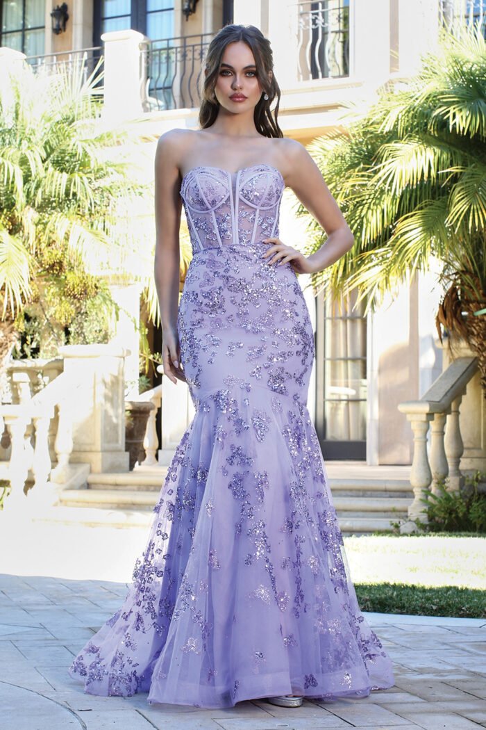 STRAPLESS BUTTERFLY PRINT MERMAID GOWN