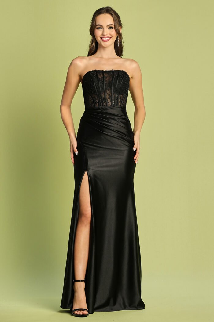 FITTED LACE BODICE STRAPLESS SLIT GOWN - Image 5