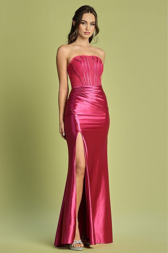 FITTED LACE BODICE STRAPLESS SLIT GOWN