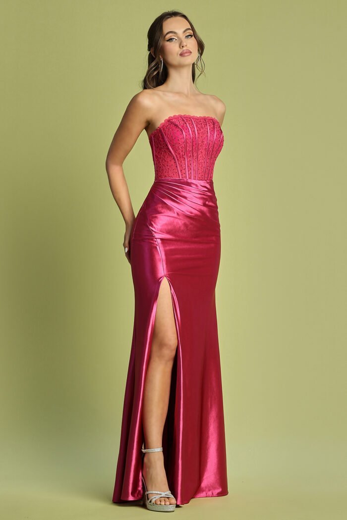 FITTED LACE BODICE STRAPLESS SLIT GOWN - Image 3