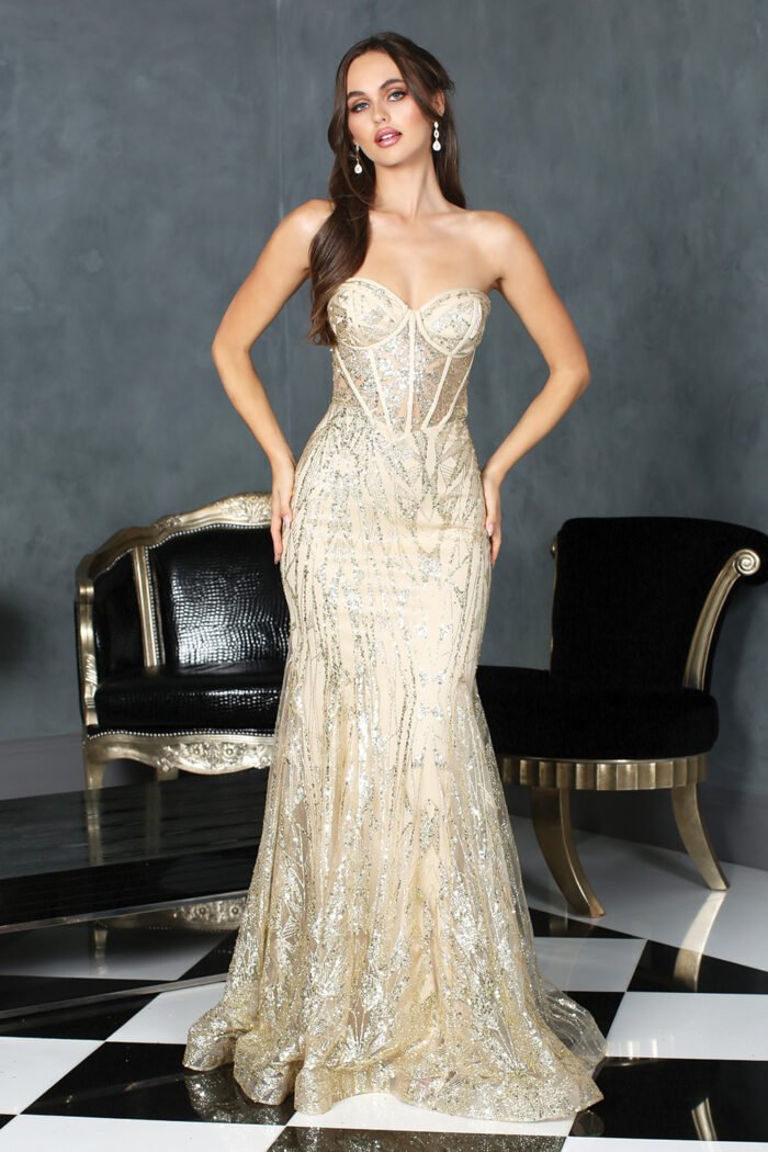 GLITTER PRINT STRAPLESS CORSET MERMAID DRESS - Image 2