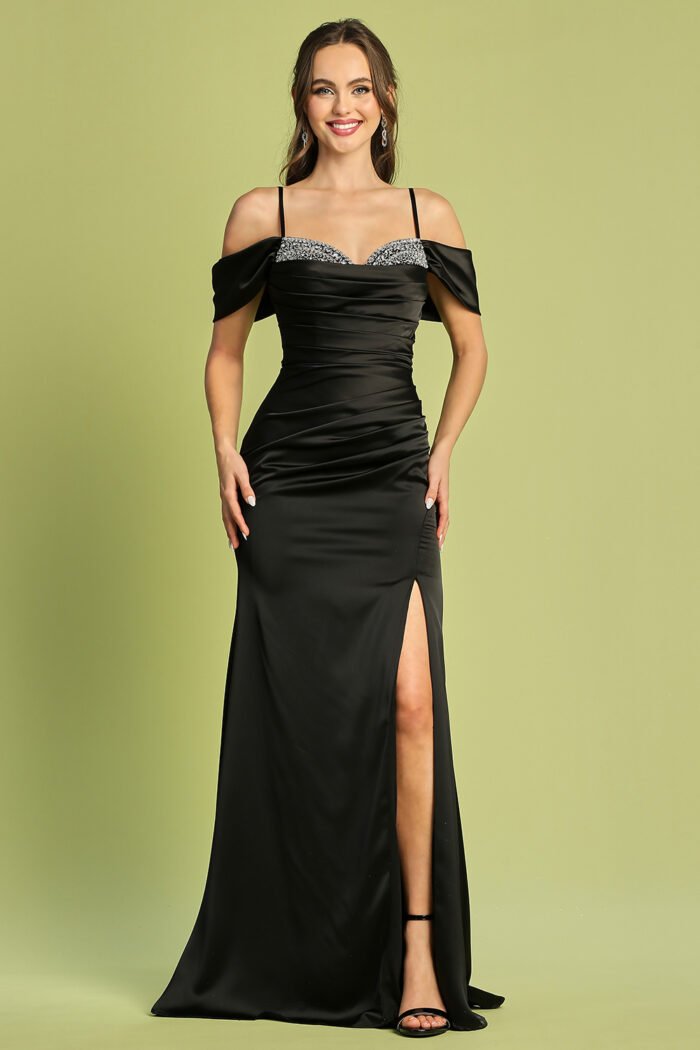 FITTED BEADED SATIN COLD SHOULDER SLIT GOWN - Image 6