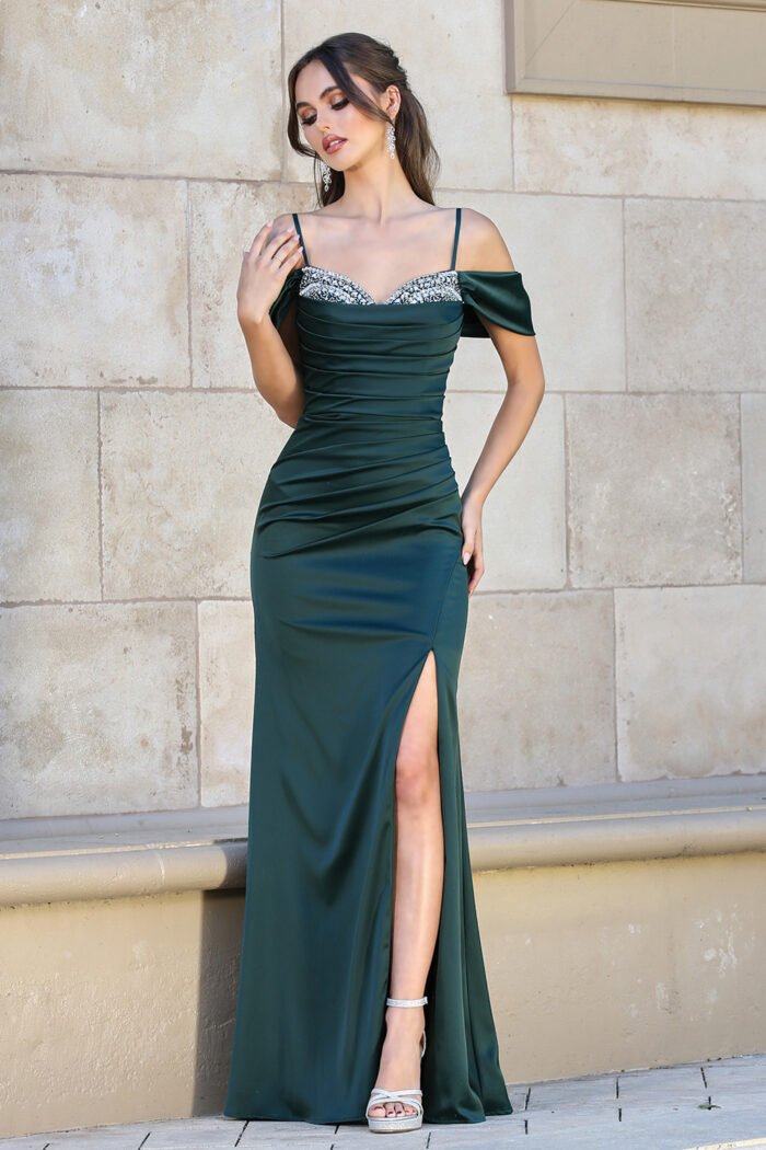 FITTED BEADED SATIN COLD SHOULDER SLIT GOWN