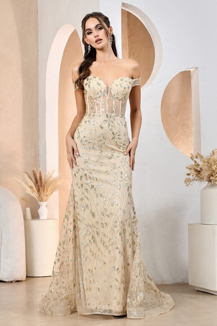FITTED SEQUIN PRINT OFF SHOULDER SLIT GOWN - Image 5