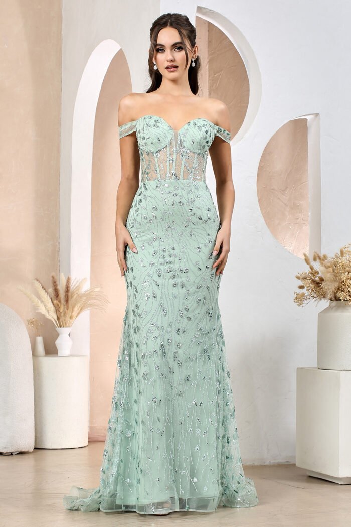 FITTED SEQUIN PRINT OFF SHOULDER SLIT GOWN - Image 3