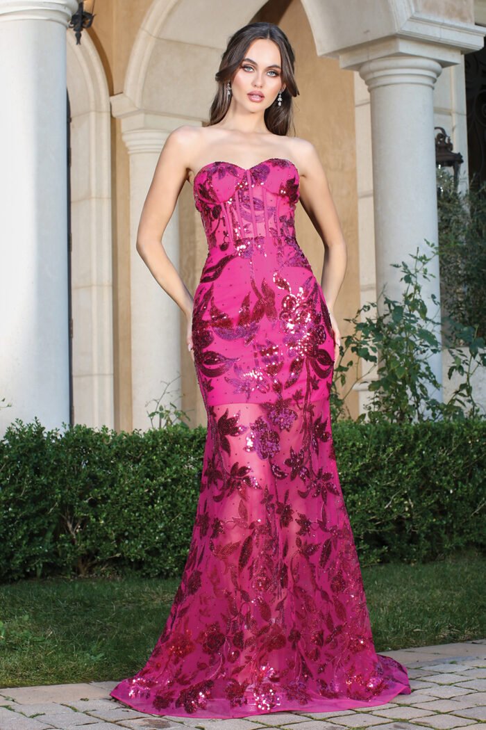 PATTERNED SEQUIN PROM DRESS WITH SHEER SKIRT - Image 8