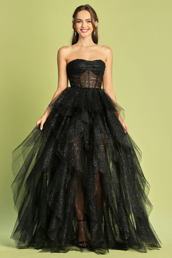 GLITTER STRAPLESS RUFFLED LAYERED A-LINE SLIT GOWN