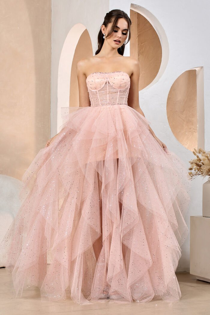 GLITTER STRAPLESS RUFFLED LAYERED A-LINE SLIT GOWN - Image 3