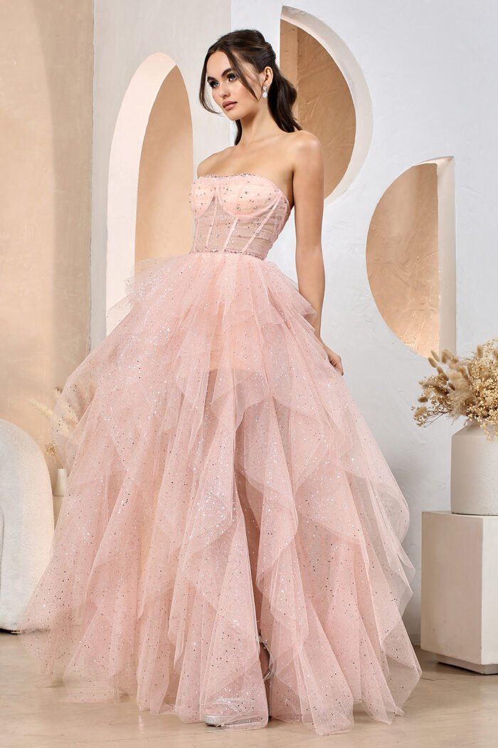 GLITTER STRAPLESS RUFFLED LAYERED A-LINE SLIT GOWN - Image 4