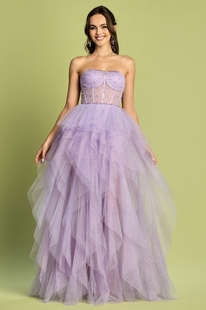 GLITTER STRAPLESS RUFFLED LAYERED A-LINE SLIT GOWN - Image 7
