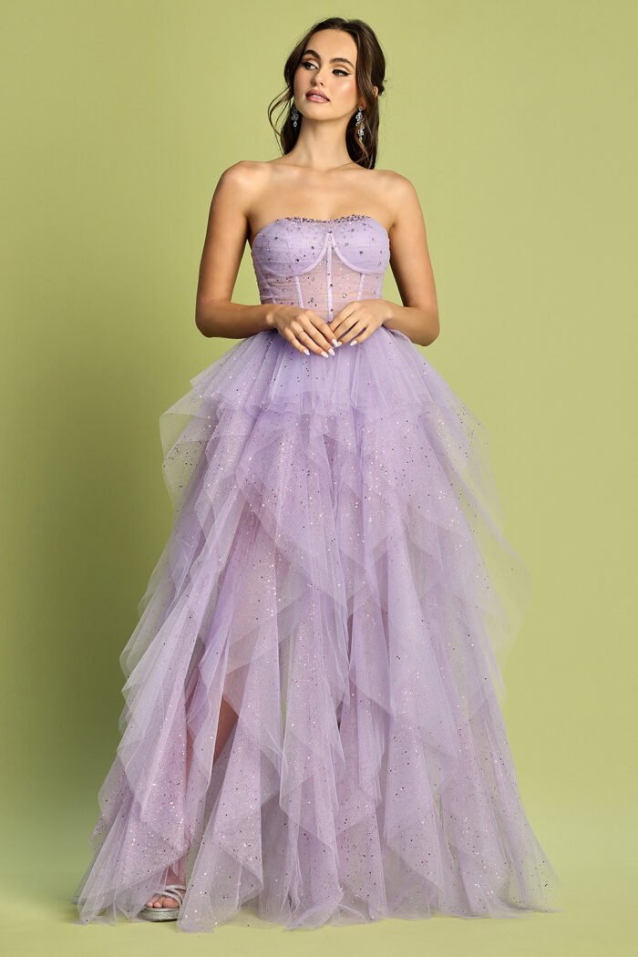 GLITTER STRAPLESS RUFFLED LAYERED A-LINE SLIT GOWN - Image 6
