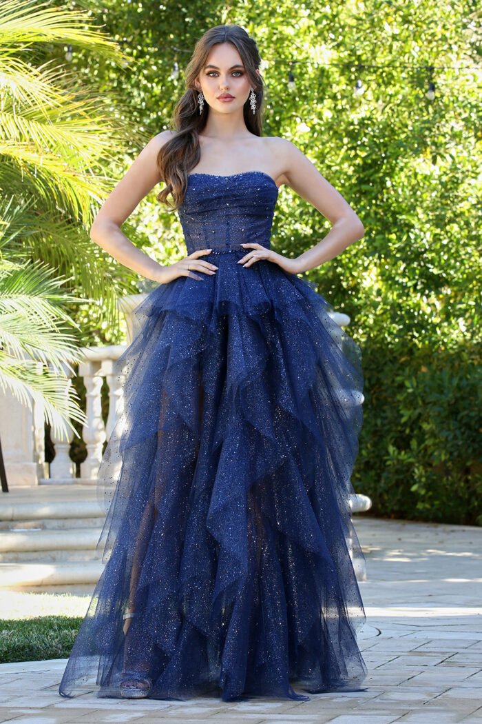 GLITTER STRAPLESS RUFFLED LAYERED A-LINE SLIT GOWN - Image 11