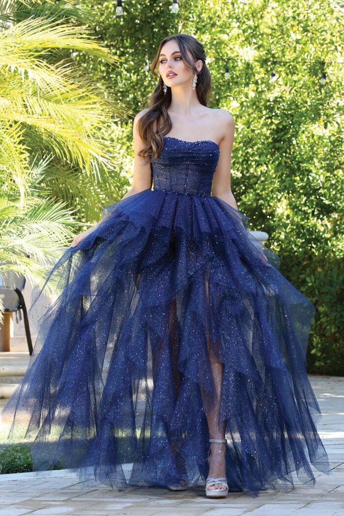 GLITTER STRAPLESS RUFFLED LAYERED A-LINE SLIT GOWN - Image 12