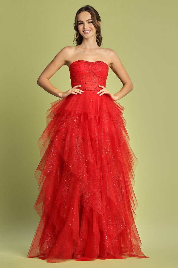 GLITTER STRAPLESS RUFFLED LAYERED A-LINE SLIT GOWN - Image 8