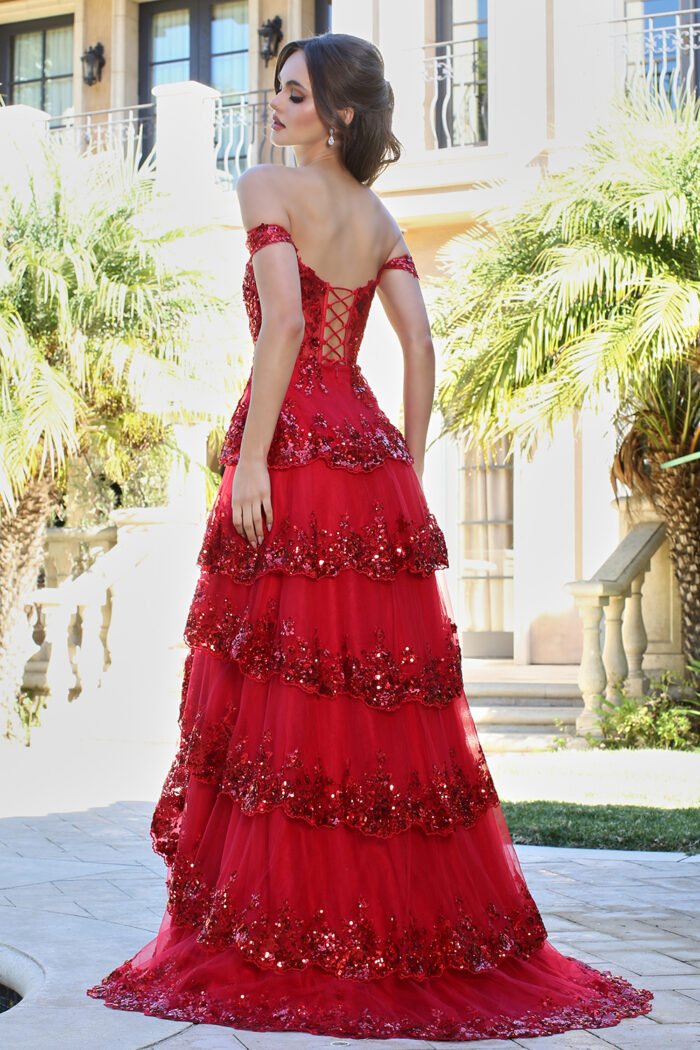 APPLIQUE OFF SHOULDER TIERED A-LINE SLIT GOWN - Image 2