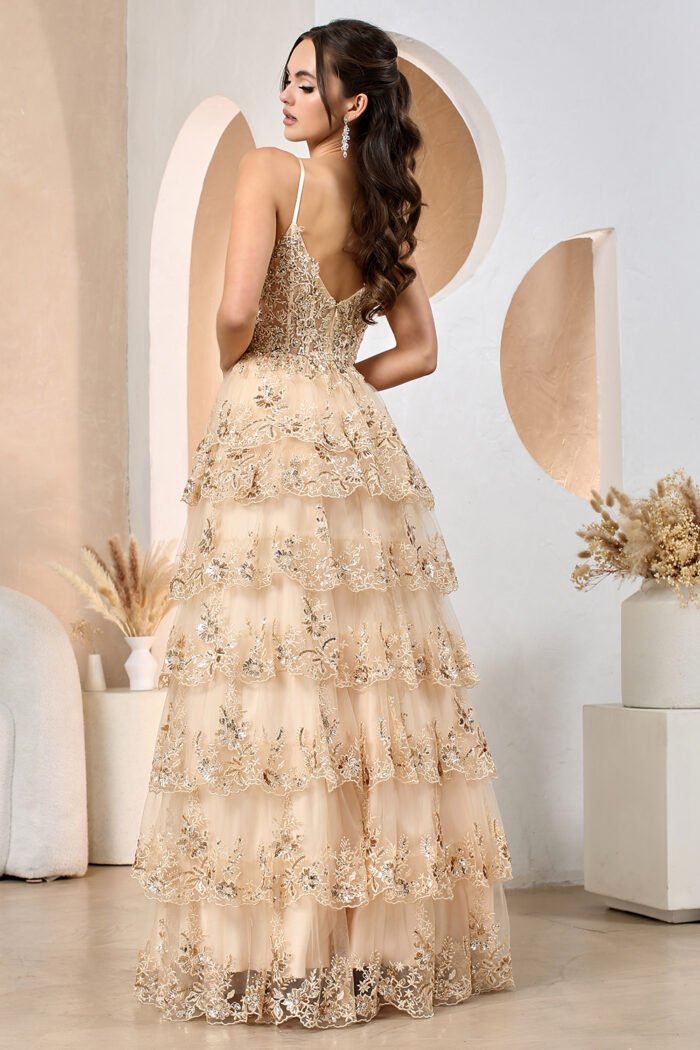 LACE APPLIQUE SLEEVELESS TIERED A-LINE SLIT GOWN - Image 2
