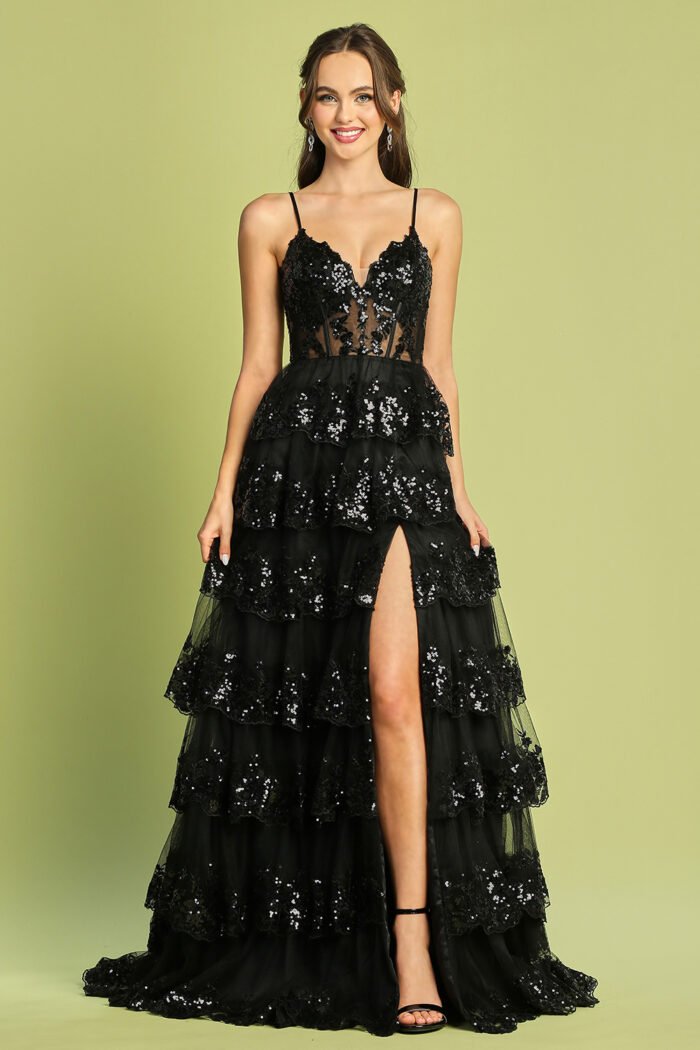 APPLIQUE FITTED OFF SHOULDER TIERED SLIT GOWN - Image 6
