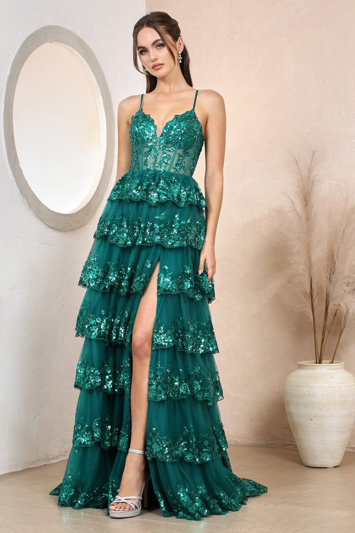 APPLIQUE FITTED OFF SHOULDER TIERED SLIT GOWN - Image 8