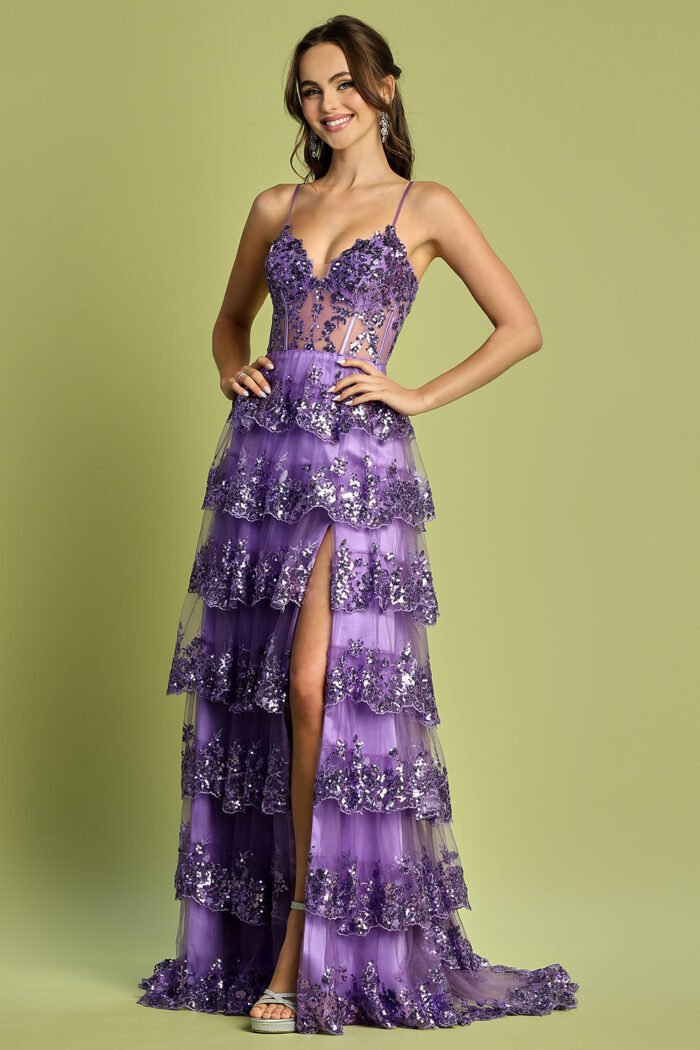APPLIQUE FITTED OFF SHOULDER TIERED SLIT GOWN - Image 10