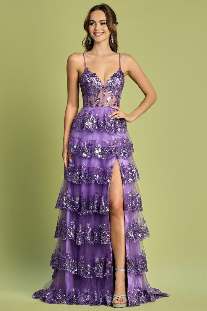 APPLIQUE FITTED OFF SHOULDER TIERED SLIT GOWN - Image 9
