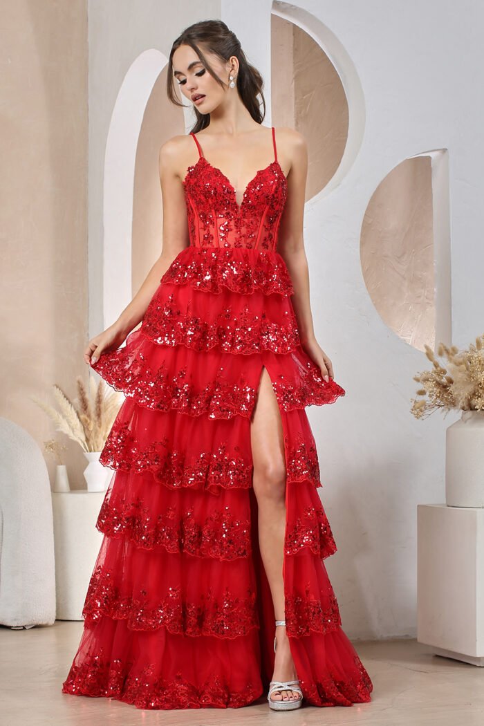 APPLIQUE FITTED OFF SHOULDER TIERED SLIT GOWN