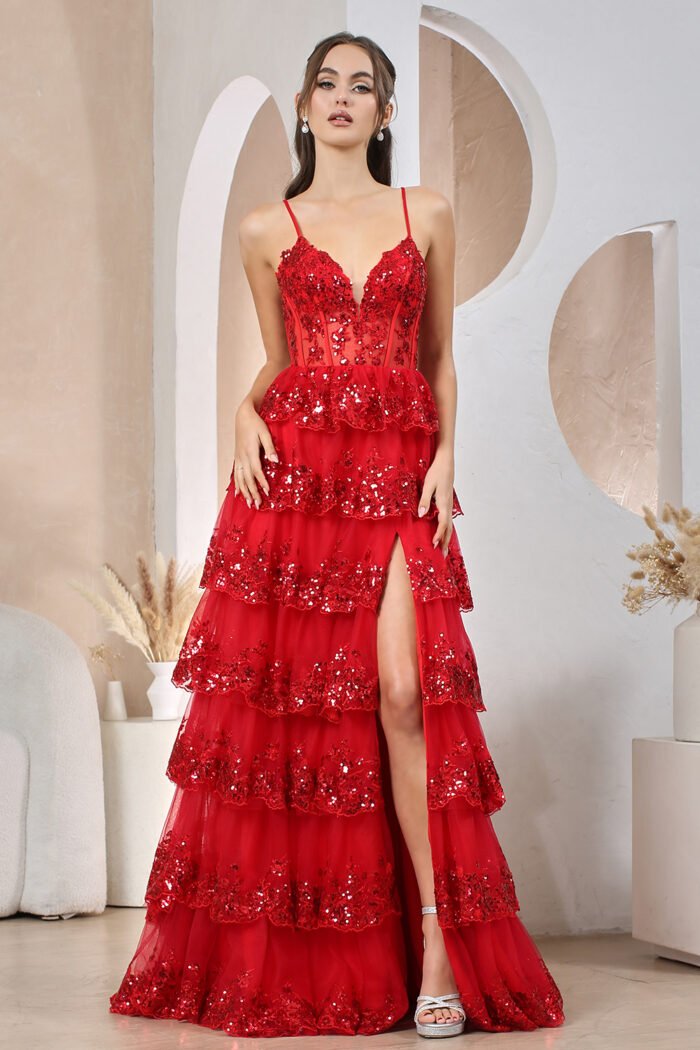APPLIQUE FITTED OFF SHOULDER TIERED SLIT GOWN - Image 2