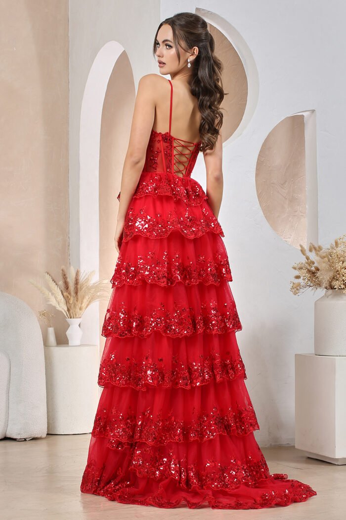 APPLIQUE FITTED OFF SHOULDER TIERED SLIT GOWN - Image 3