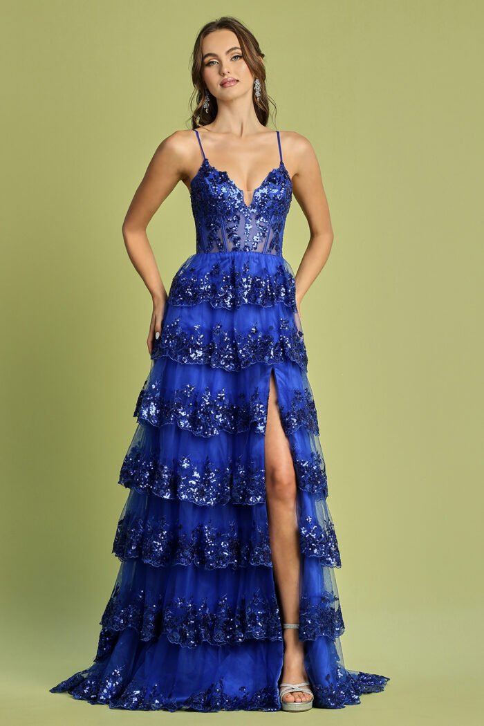 APPLIQUE FITTED OFF SHOULDER TIERED SLIT GOWN - Image 4