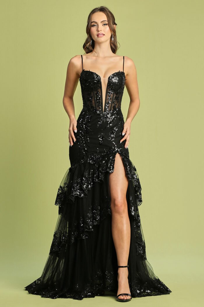 APPLIQUE FITTED DEEP V-NECK TIERED SLIT GOWN - Image 3