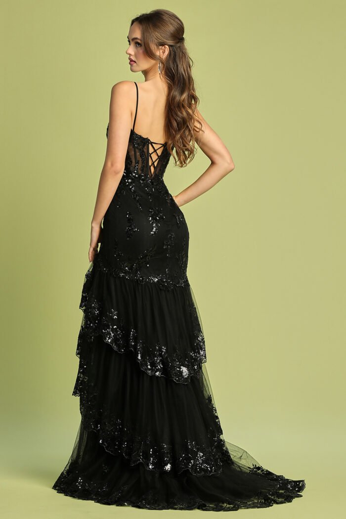 APPLIQUE FITTED DEEP V-NECK TIERED SLIT GOWN - Image 5