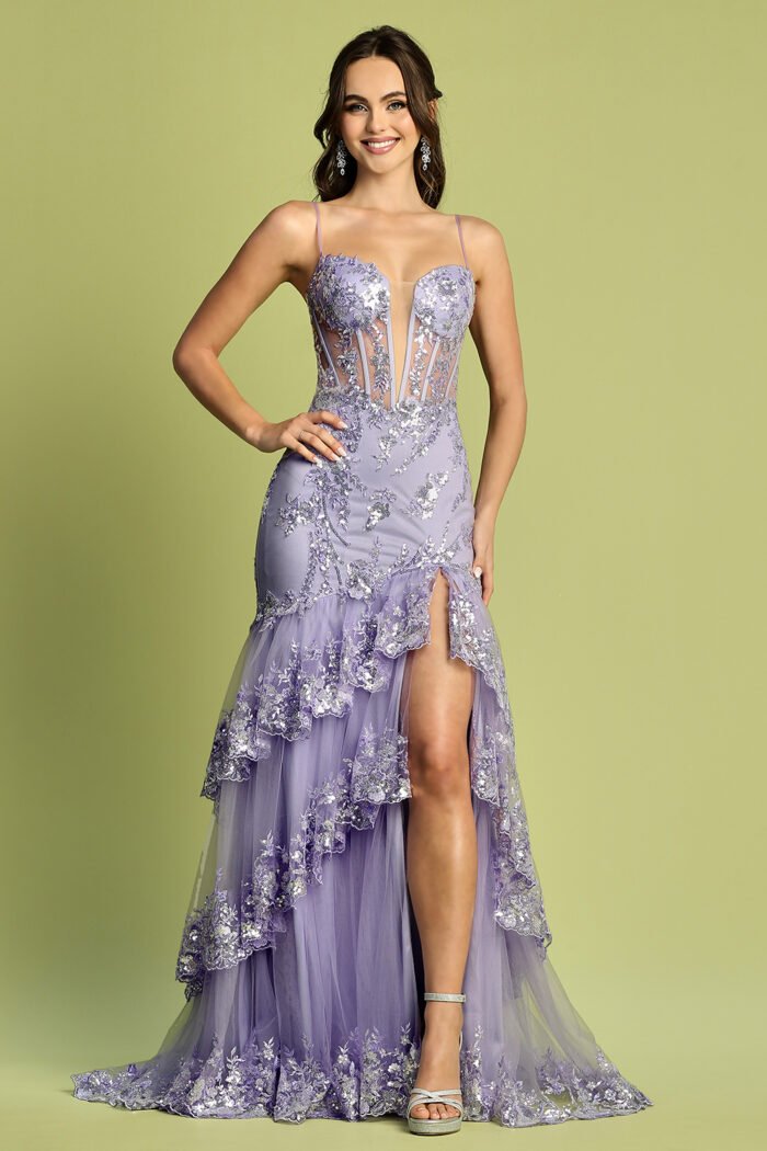 APPLIQUE FITTED DEEP V-NECK TIERED SLIT GOWN - Image 2