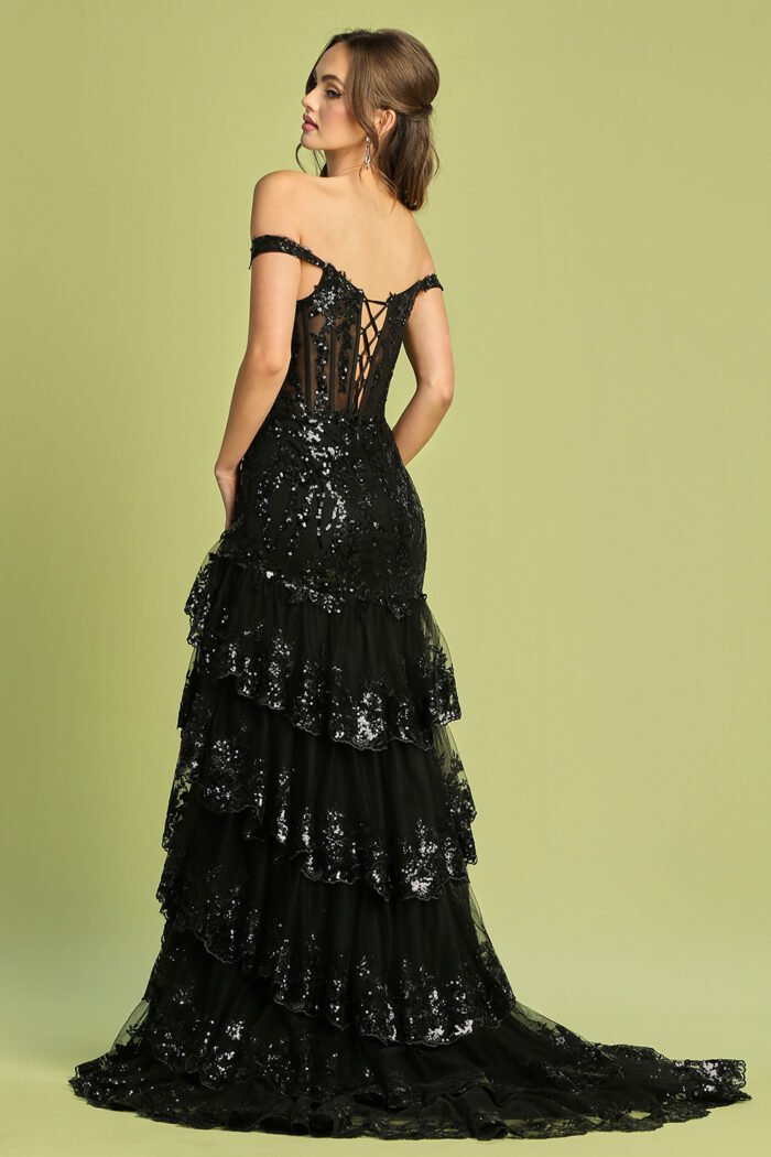 APPLIQUE FITTED OFF SHOULDER TIERED SLIT GOWN - Image 5