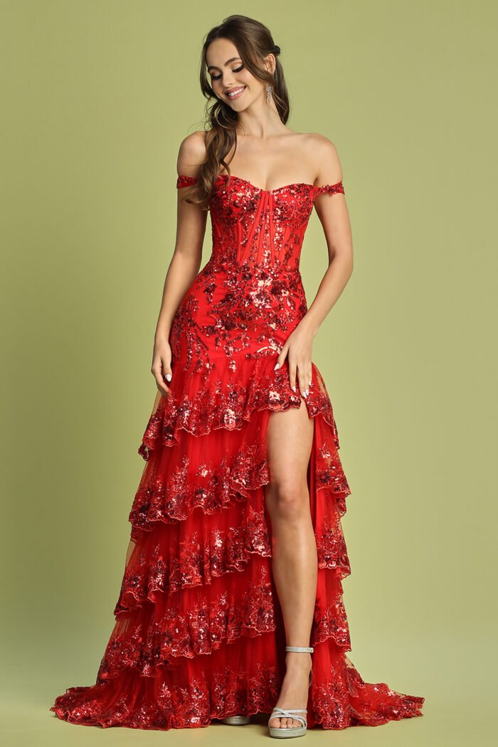 APPLIQUE FITTED OFF SHOULDER TIERED SLIT GOWN - Image 2
