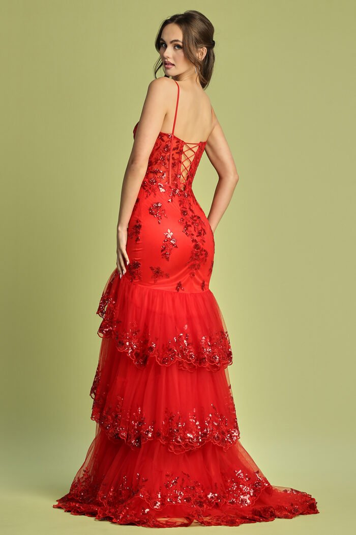 APPLIQUE FITTED SLEEVELESS TIERED SLIT GOWN - Image 3