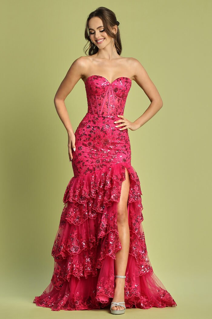 APPLIQUE FITTED STRAPLESS TIERED SLIT GOWN - Image 6