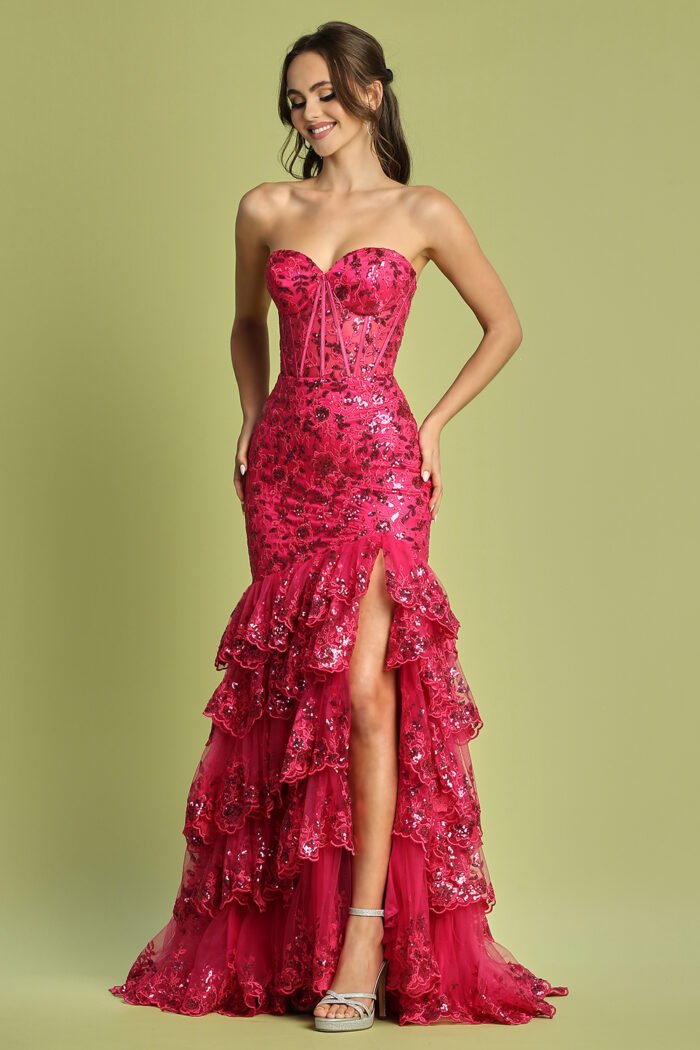 APPLIQUE FITTED STRAPLESS TIERED SLIT GOWN - Image 5