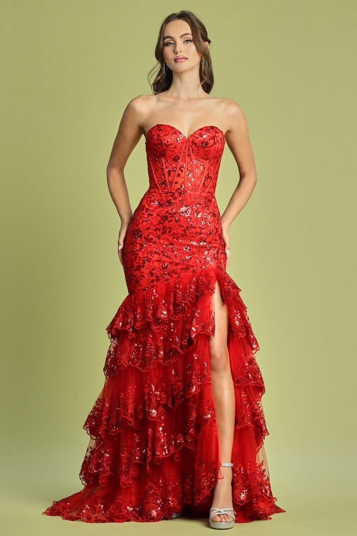 APPLIQUE FITTED STRAPLESS TIERED SLIT GOWN