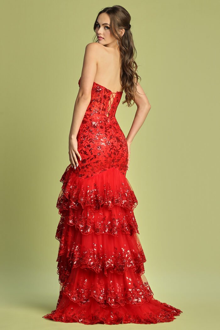 APPLIQUE FITTED STRAPLESS TIERED SLIT GOWN - Image 2