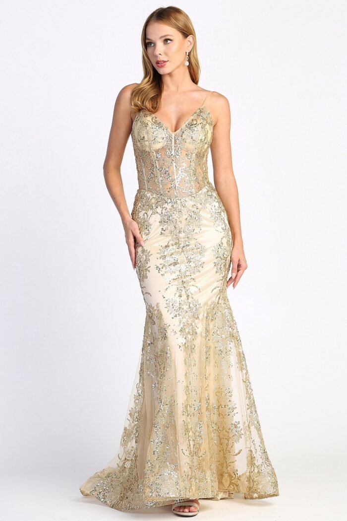 GLITTER PRINT V-NECK MERMAID DRESS - Image 9