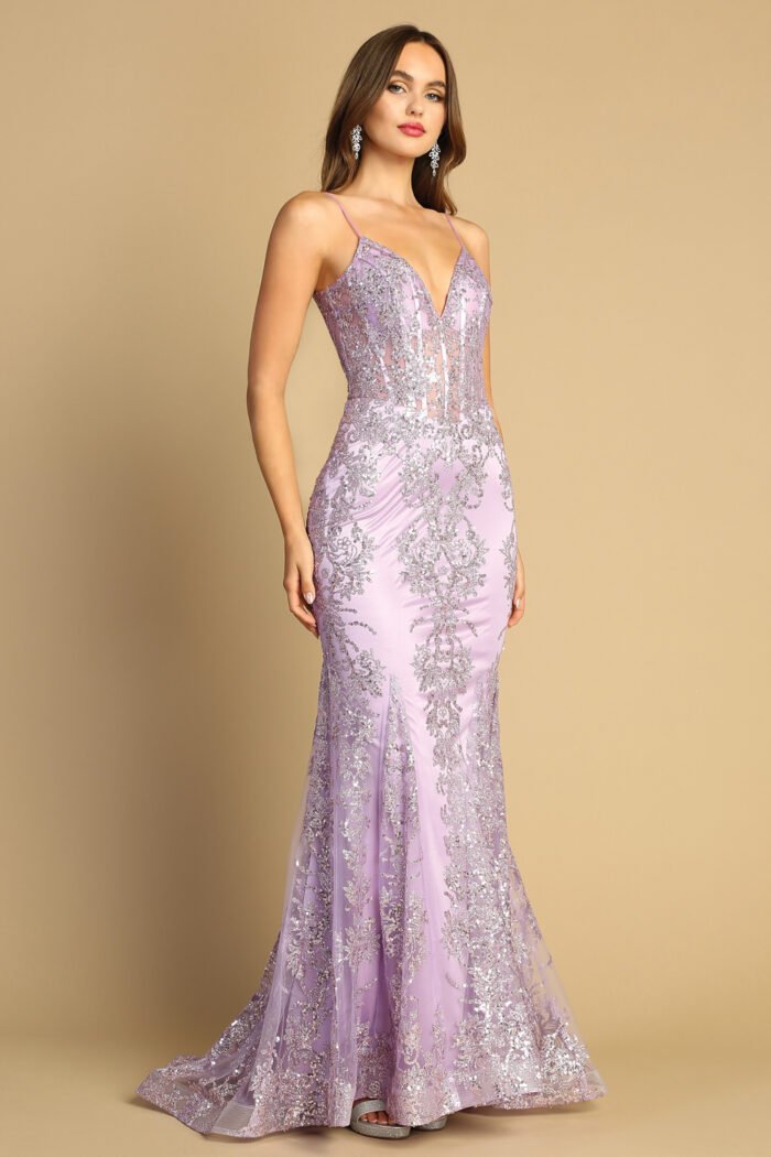 GLITTER PRINT V-NECK MERMAID DRESS
