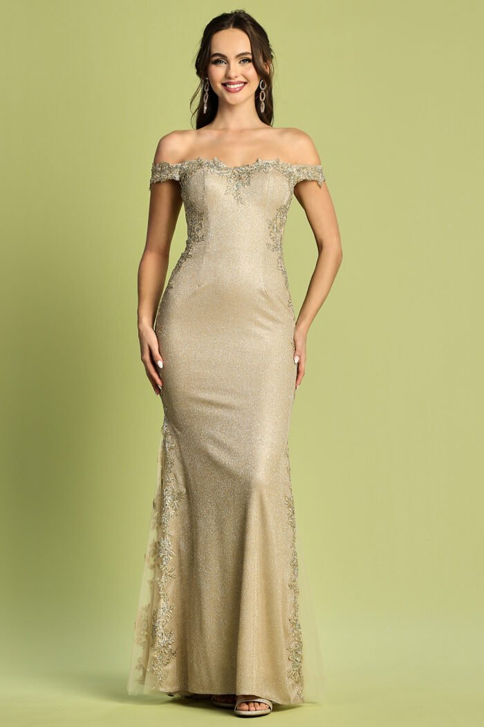 APPLIQUE METALLIC GLITTER OFF SHOULDER GOWN