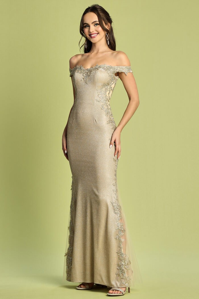 APPLIQUE METALLIC GLITTER OFF SHOULDER GOWN - Image 2