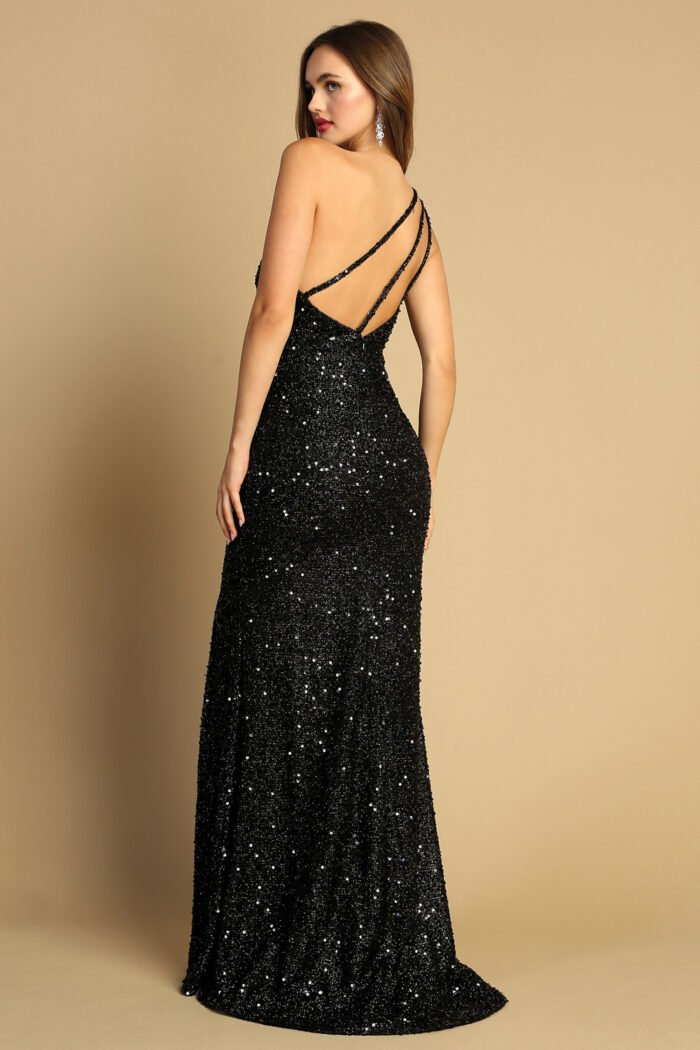 FITTED LONG SEQUIN ONE SHOULDER SLIT DRESS - Image 2