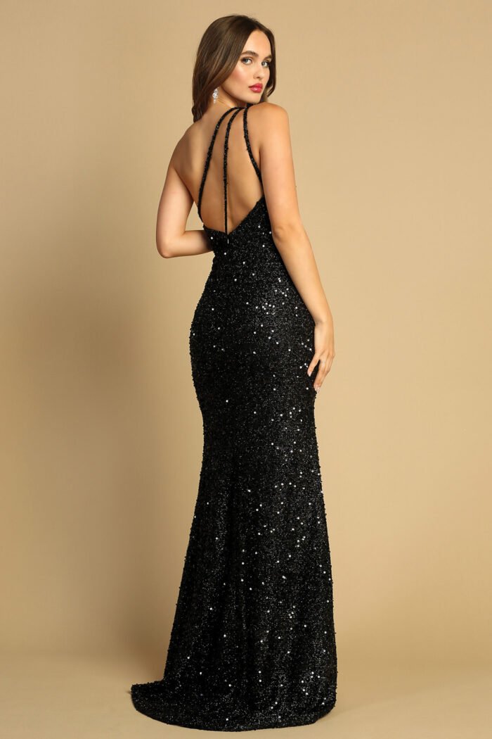 FITTED LONG SEQUIN ONE SHOULDER SLIT DRESS - Image 3