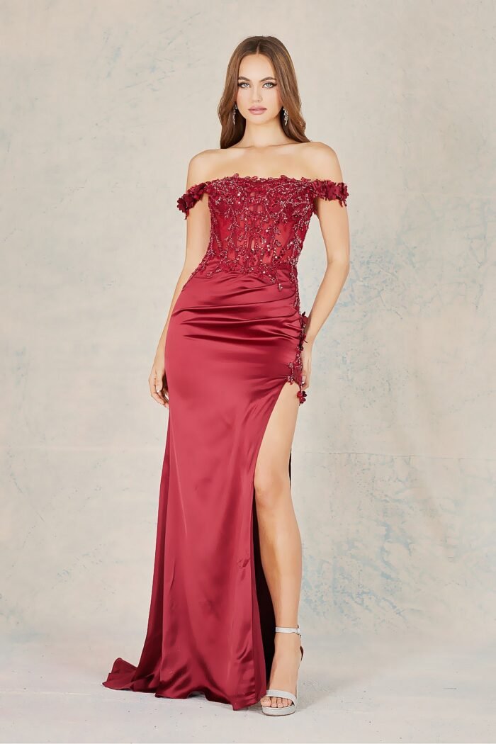 EMBROIDERED OFF SHOULDER CORSET SLIT GOWN - Image 9