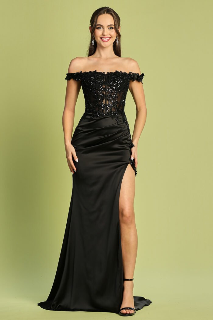 EMBROIDERED OFF SHOULDER CORSET SLIT GOWN - Image 8