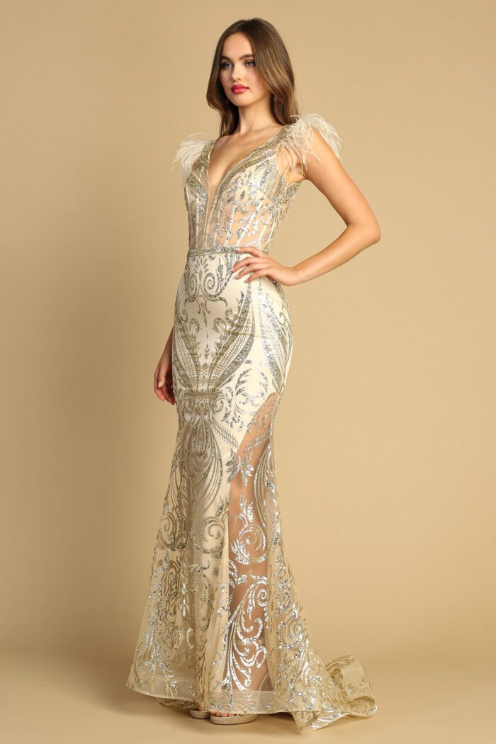 GLITTER PRINT DEEP V-NECK FEATHER GOWN - Image 3